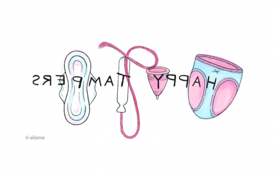 导致快乐 logo depicting a pad, tampon, menstrual cup, and underwear